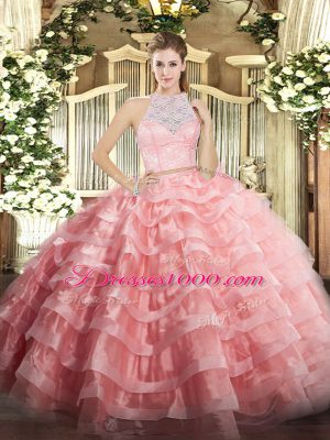 Watermelon Red Quinceanera Gowns Military Ball and Sweet 16 and Quinceanera with Lace and Ruffled Layers Scoop Sleeveless Zipper