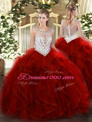 Fantastic Sleeveless Floor Length Beading and Ruffles Zipper Sweet 16 Dress with Wine Red
