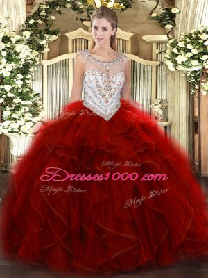Fantastic Sleeveless Floor Length Beading and Ruffles Zipper Sweet 16 Dress with Wine Red