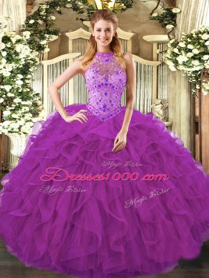 Eye-catching Purple Ball Gowns Halter Top Sleeveless Organza Floor Length Lace Up Beading and Ruffles Quinceanera Dresses