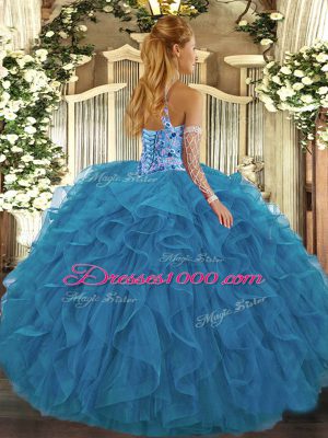 Eye-catching Purple Ball Gowns Halter Top Sleeveless Organza Floor Length Lace Up Beading and Ruffles Quinceanera Dresses