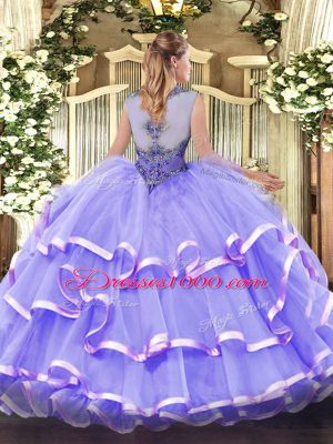New Arrival Scoop Sleeveless 15th Birthday Dress Floor Length Beading and Ruffled Layers Rose Pink Organza