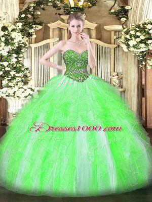 Superior Ball Gowns Sweetheart Sleeveless Tulle Floor Length Lace Up Beading and Ruffles Vestidos de Quinceanera