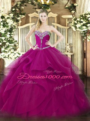 Fuchsia Ball Gowns Tulle Sweetheart Sleeveless Beading and Ruffles Floor Length Lace Up Quince Ball Gowns