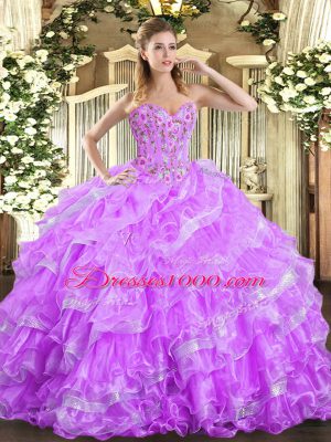 Traditional Lilac Ball Gowns Embroidery and Ruffled Layers Sweet 16 Dress Lace Up Organza Sleeveless Floor Length