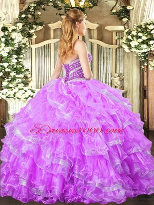 Attractive Lavender Ball Gowns Ruffled Layers Sweet 16 Dresses Lace Up Organza Sleeveless Floor Length