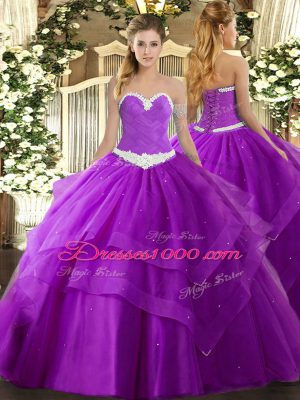 Purple Tulle Lace Up Sweet 16 Dress Sleeveless Floor Length Appliques and Ruffled Layers