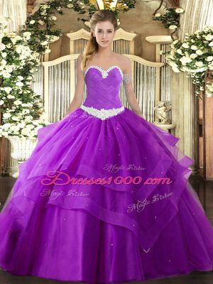 Purple Tulle Lace Up Sweet 16 Dress Sleeveless Floor Length Appliques and Ruffled Layers