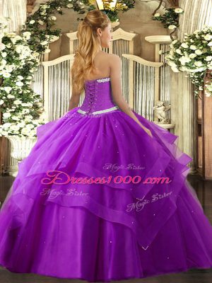 Purple Tulle Lace Up Sweet 16 Dress Sleeveless Floor Length Appliques and Ruffled Layers