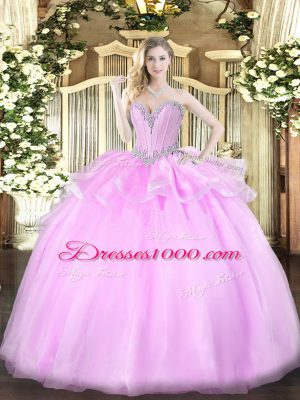 Custom Fit Lilac Ball Gowns Sweetheart Sleeveless Organza Floor Length Lace Up Beading 15th Birthday Dress