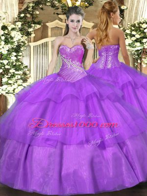 Simple Lilac Sweetheart Lace Up Beading and Ruffled Layers Quinceanera Dresses Sleeveless