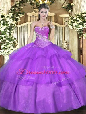 Simple Lilac Sweetheart Lace Up Beading and Ruffled Layers Quinceanera Dresses Sleeveless