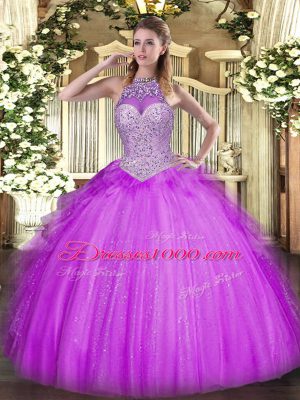 Fancy Floor Length Lace Up 15 Quinceanera Dress Lilac for Military Ball and Sweet 16 and Quinceanera with Beading and Ruffles