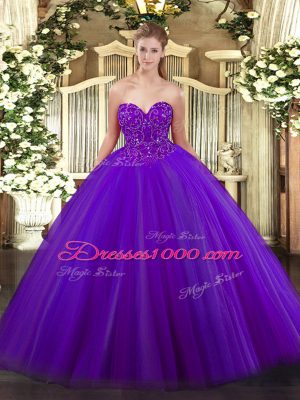 Purple Ball Gowns Sweetheart Sleeveless Tulle Floor Length Lace Up Beading Quince Ball Gowns