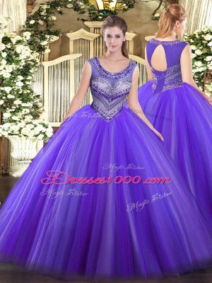 Eggplant Purple Tulle Lace Up Scoop Sleeveless Floor Length 15 Quinceanera Dress Beading
