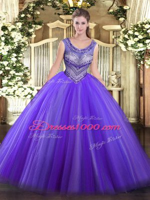 Eggplant Purple Tulle Lace Up Scoop Sleeveless Floor Length 15 Quinceanera Dress Beading