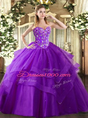 Suitable Eggplant Purple Ball Gowns Tulle Sweetheart Sleeveless Embroidery and Ruffled Layers Floor Length Lace Up Quinceanera Gowns