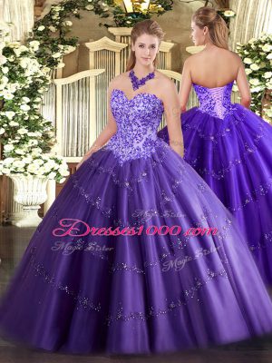Floor Length Purple Quince Ball Gowns Sweetheart Sleeveless Lace Up