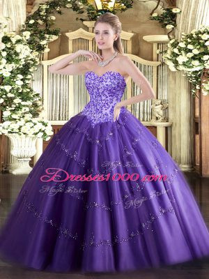 Floor Length Purple Quince Ball Gowns Sweetheart Sleeveless Lace Up