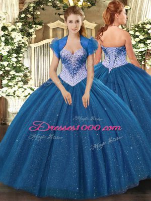 Sleeveless Floor Length Beading and Sequins Lace Up Quinceanera Dress with Navy Blue