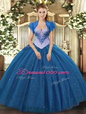 Sleeveless Floor Length Beading and Sequins Lace Up Quinceanera Dress with Navy Blue