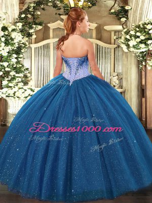 Sleeveless Floor Length Beading and Sequins Lace Up Quinceanera Dress with Navy Blue