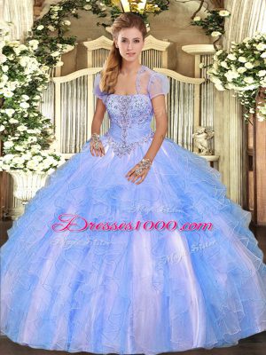 Baby Blue Sleeveless Appliques and Ruffles Floor Length 15 Quinceanera Dress