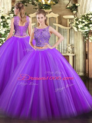 Fancy Scoop Sleeveless Sweet 16 Dresses Floor Length Beading Eggplant Purple Tulle