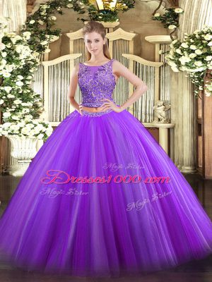 Fancy Scoop Sleeveless Sweet 16 Dresses Floor Length Beading Eggplant Purple Tulle