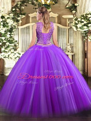 Fancy Scoop Sleeveless Sweet 16 Dresses Floor Length Beading Eggplant Purple Tulle
