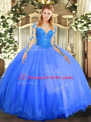 Unique Blue Tulle Lace Up Sweet 16 Dress Long Sleeves Floor Length Lace