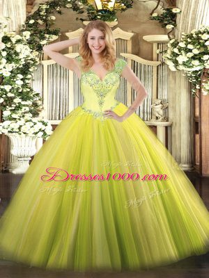 Beauteous V-neck Sleeveless Sweet 16 Dresses Floor Length Beading and Ruffles Yellow Green Tulle