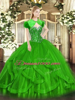 Green Ball Gowns Beading and Ruffles Sweet 16 Dress Lace Up Tulle Sleeveless Floor Length