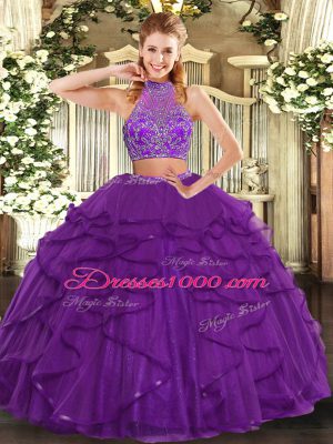Romantic Halter Top Sleeveless Tulle Quinceanera Dresses Beading and Ruffled Layers Criss Cross