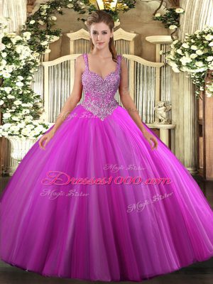 Tulle V-neck Sleeveless Lace Up Beading Quinceanera Gowns in Fuchsia