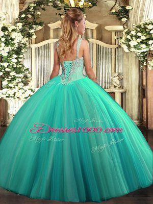 Tulle V-neck Sleeveless Lace Up Beading Quinceanera Gowns in Fuchsia