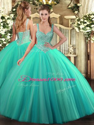 Wonderful Sleeveless Floor Length Beading Lace Up 15th Birthday Dress with Turquoise