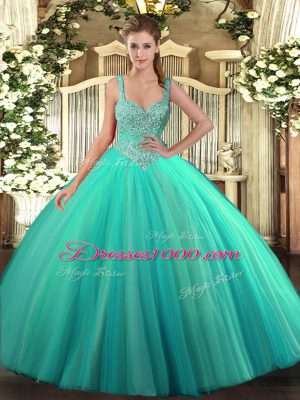 Wonderful Sleeveless Floor Length Beading Lace Up 15th Birthday Dress with Turquoise