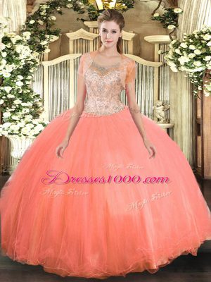 Luxury Scoop Sleeveless Sweet 16 Dresses Floor Length Beading Watermelon Red Tulle