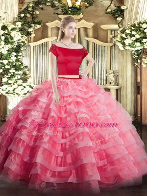 Dazzling Watermelon Red Tulle Zipper Off The Shoulder Short Sleeves Floor Length Quince Ball Gowns Appliques and Ruffled Layers