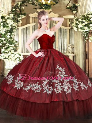 Wine Red Sleeveless Floor Length Embroidery Zipper Quinceanera Dress