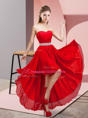 High Low Lace Up Bridesmaid Dresses Red for Prom and Party and Wedding Party with Beading