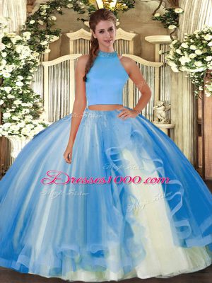 Suitable Floor Length Light Blue Sweet 16 Quinceanera Dress Tulle Sleeveless Beading and Ruffles