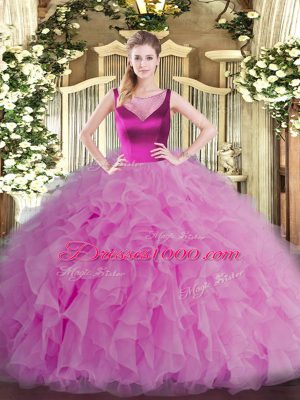 Delicate Beading and Ruffles Ball Gown Prom Dress Lilac Side Zipper Sleeveless Floor Length