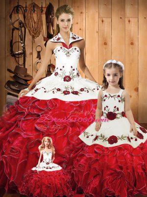 Trendy Halter Top Sleeveless Sweet 16 Quinceanera Dress Floor Length Embroidery and Ruffles Red Tulle