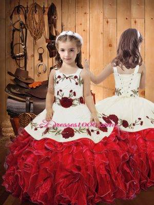 Trendy Halter Top Sleeveless Sweet 16 Quinceanera Dress Floor Length Embroidery and Ruffles Red Tulle