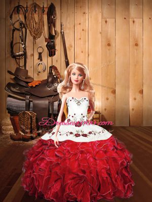 Trendy Halter Top Sleeveless Sweet 16 Quinceanera Dress Floor Length Embroidery and Ruffles Red Tulle