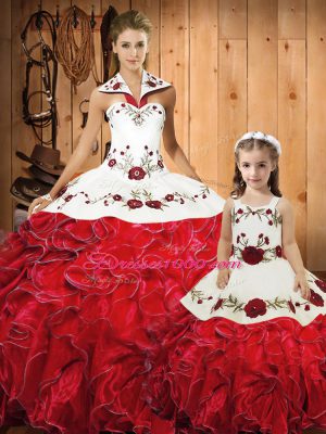 Trendy Halter Top Sleeveless Sweet 16 Quinceanera Dress Floor Length Embroidery and Ruffles Red Tulle