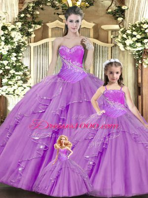 Dramatic Lilac Lace Up Sweetheart Beading and Ruching Sweet 16 Dress Lace Sleeveless