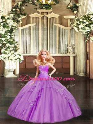 Dramatic Lilac Lace Up Sweetheart Beading and Ruching Sweet 16 Dress Lace Sleeveless